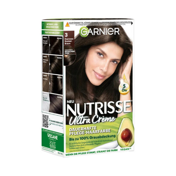 Garnier Nutrisse Ultra Crème Permanent Hair Dye in the shade 3 Espresso Dark Brown صبغة شعر غارنييه نوتريس ألترا كريم دائمة درجة 3 إسبريسو بني داكن