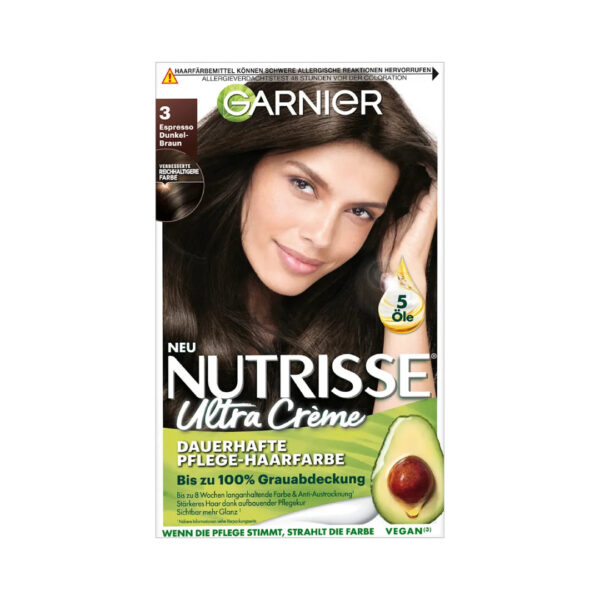 Garnier Nutrisse Ultra Crème Permanent Hair Dye in the shade 3 Espresso Dark Brown صبغة شعر غارنييه نوتريس ألترا كريم دائمة درجة 3 إسبريسو بني داكن